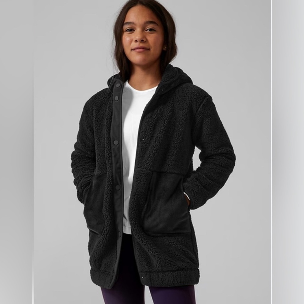 Athleta Girl So Toasty Tugga Jacket Long Sherpa Hooded Athletic Black Medium